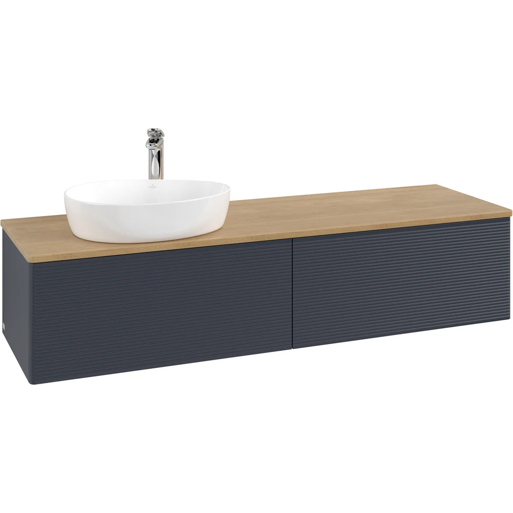 V&B ANTAO SERVANTSKAP 2 SKUFFER RILLET 1600X360X500 VENSTRE M/KRANHULL BLÅ/EIK v:4543543