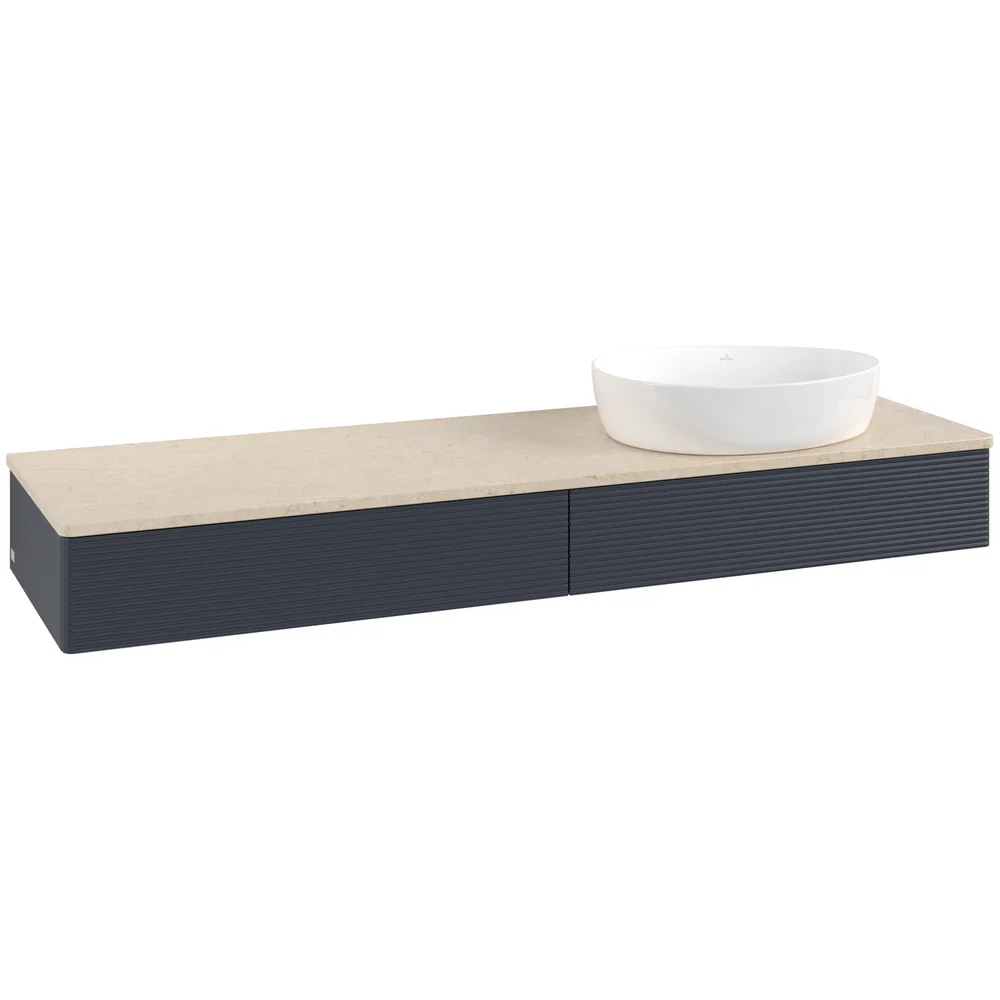 V&B ANTAO SERVANTSKAP 2 SKUFFER RILLET 1600X190X500 HØYRE U/KRANHULL BLÅ/CRÉME v:7773159