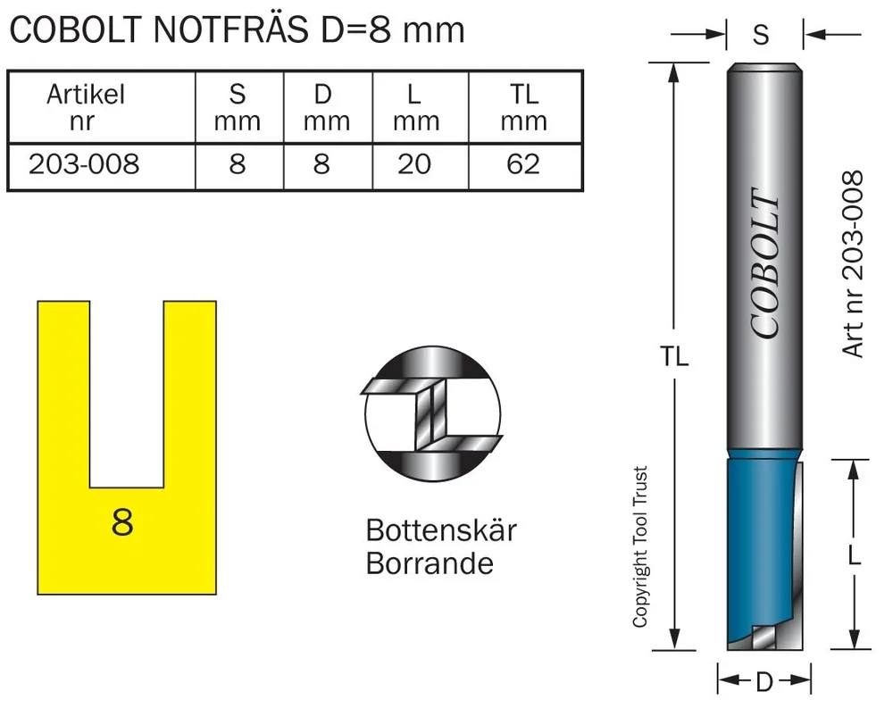 Cobolt HM-notfres 8 mm, med bunnskjær v:6108293