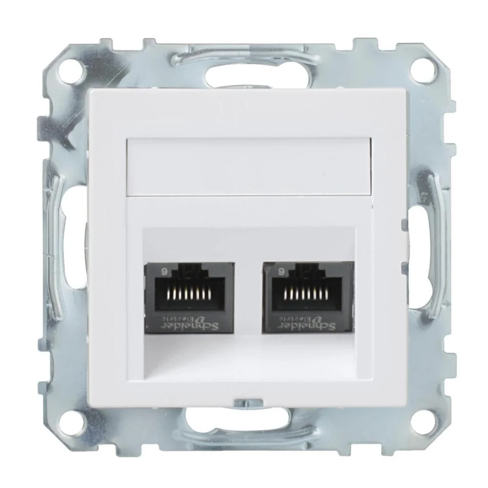 Schneider Electric Vinklet datakontakt, Exxact, RJ45, Actassi S-One, uten ramme, Kat 6, UTP, 2x, innfelt, hvit v:5863631