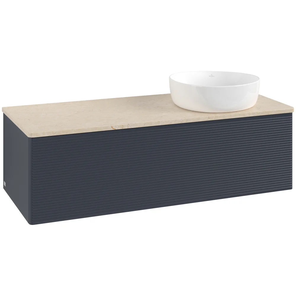 V&B ANTAO SERVANTSKAP 1 SKUFF RILLET 1200X360X500 HØYRE U/KRANHULL BLÅ/CRÉME v:9953363