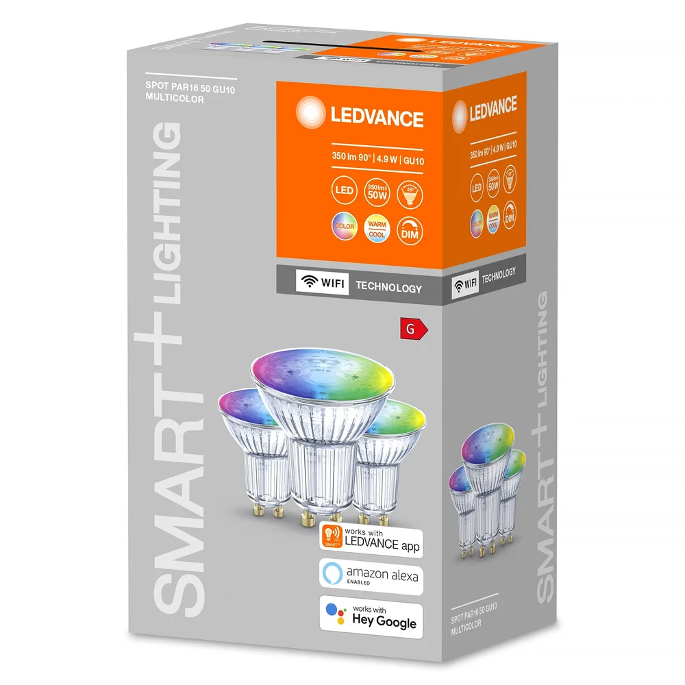 Ledvance LED-lampe, Smart+ Wi Fi, multifarge PAR16, Spot GU10, dimbar, 4,9 W, 3-pakning v:4038987 Ledvance LED-lampe, Smart+ Wi Fi, multifarge PAR16, Spot GU10, dimbar, 4,9 W, 3-pakning v:4038987