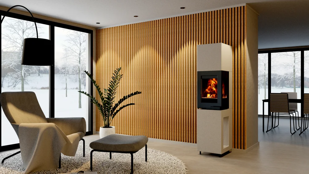 VisionLine Living i40-3 elementpeis med tre sider, integrert brannmur og rentbrennende innsats v:1776296