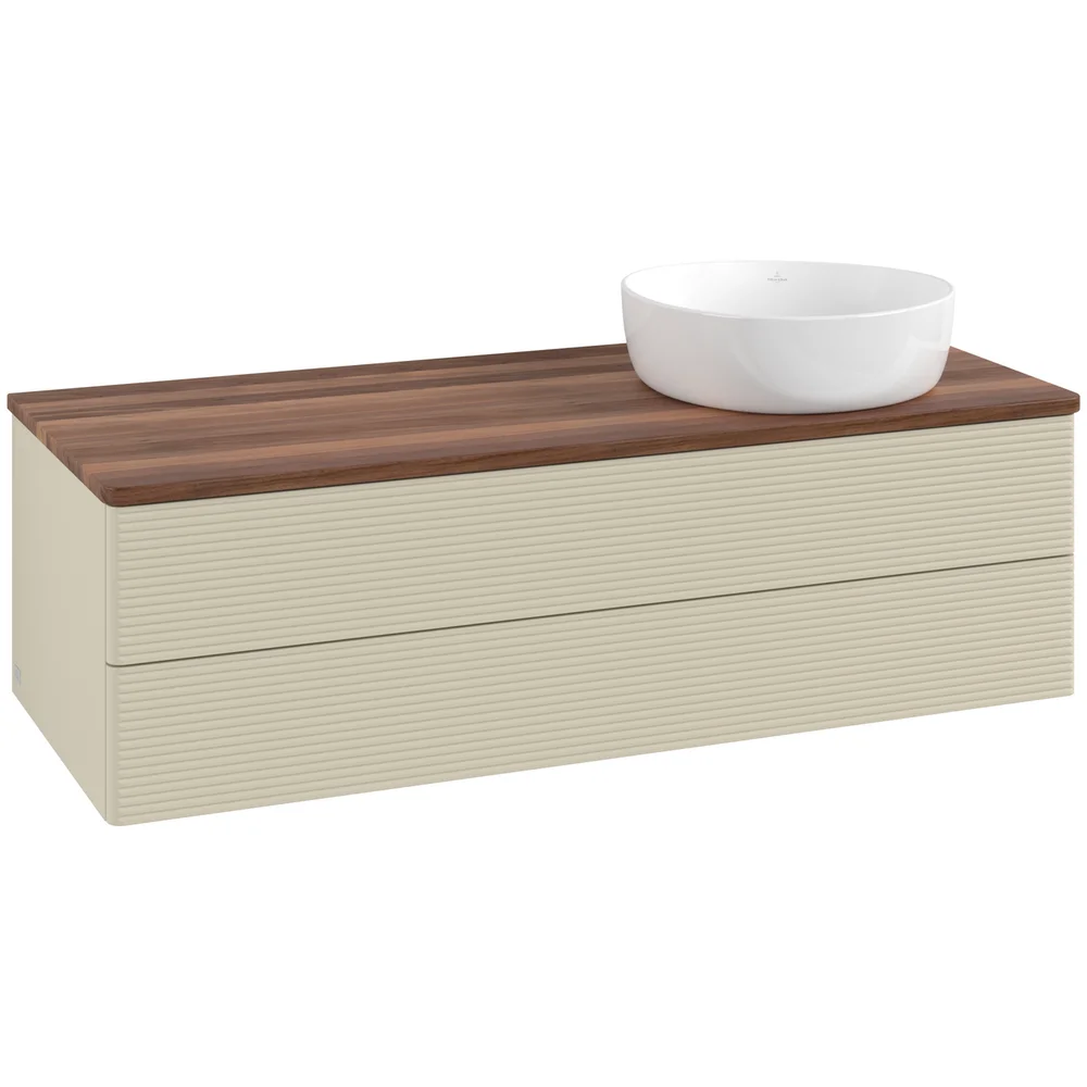V&B ANTAO SERVANTSKAP 2 SKUFFER RILLET 1200X360X500 HØYRE U/KRANHULL SILKEGRÅ/VALNØTT v:5795955